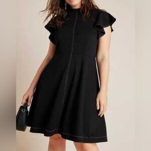 ANTHROPOLOGIE Maeve Deena Mini Dress Flutter Sleeve High Neck Black Size M